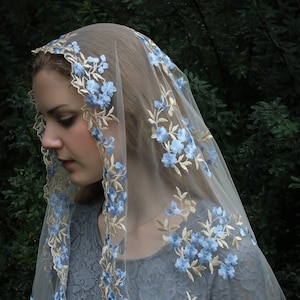Evintage Veils~ READY TO SHIP Our Lady of the Rosary "Joyful Mysteries" Marian Blue and Gold Vintage Inspired Lace Chapel Veil D Shape