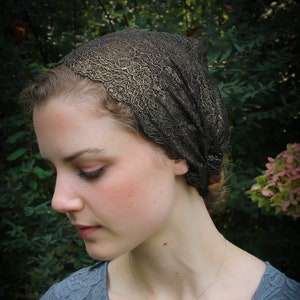 Evintage Veils~ So Soft Headwrap Embroidered Gold Shimmer/Black  Lace Headband Kerchief Tie-style Head Covering Church Veil