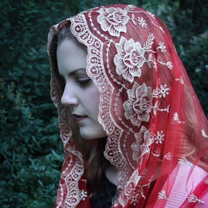 Evintage Veils~ Our Lady of Guadalupe Lovely Pentecost Red Embroidered  Traditional Vintage Inspired Infinity Veil Mantilla Chapel Veil