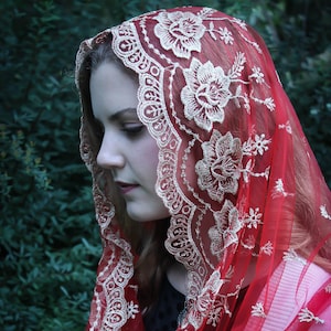 Evintage Veils~ Our Lady of Guadalupe Lovely Pentecost Red Embroidered  Traditional Vintage Inspired Infinity Veil Mantilla Chapel Veil