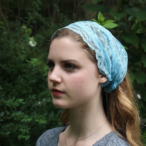 Evintage Veils~ So Soft Headwrap Marian Blue  Chantilly Vintage-Inspired  Lace Headband Kerchief Tie-style Head Covering Church Veil