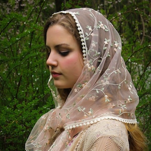 May include: A sheer, blush-toned veil with delicate floral embroidery and a scalloped edge. The veil is draped over a lace-detailed garment, creating a soft, romantic aesthetic. The overall style suggests a vintage or bohemian theme.