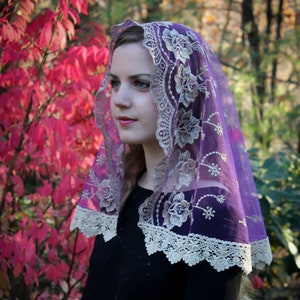 Evintage Veils~ Our Lady of Guadalupe Floral  Advent/Lent Purple & Gold Embroidered  D Shaped Veilm OR Long Wrap~  Soft and Light!