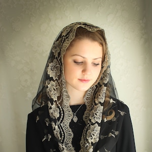 Evintage Veils~ READY TO SHIP Our Lady of Guadalupe Black/Gold  Embroidered  Traditional Vintage Inspired Infinity Mantilla Chapel Veil