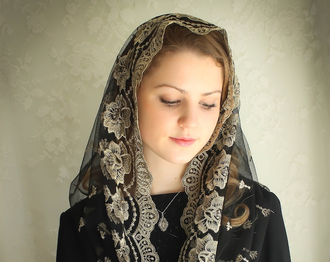 Evintage Veils~ READY TO SHIP Our Lady of Guadalupe Black/Gold  Embroidered  Traditional Vintage Inspired Infinity Mantilla Chapel Veil