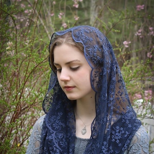 Evintage Veils~ READY TO SHIP Queen of Peace Soft Midnight Blue Embroidered Lace Chapel Veil Mantilla Infinity Veil Latin Mass