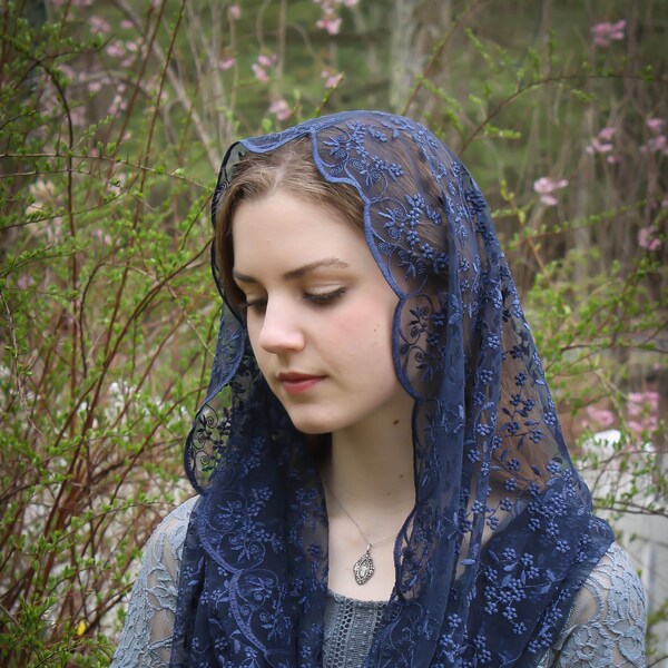 Evintage Veils~ READY TO SHIP Queen of Peace Soft Midnight Blue Embroidered Lace Chapel Veil Mantilla Infinity Veil Latin Mass