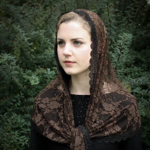 Evintage Veils~  Our Lady of the Rosary Rich Brown Vintage Inspired Lace Chapel Veil Scarf Mantilla Wrap