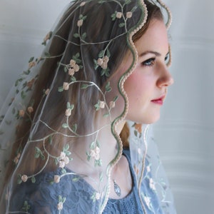 Evintage Veils~READY TO SHIP Traditional D Shape Veil St. Therese  Little Flower  Marian Blue or Blush Rose Chapel Veil  D Shape