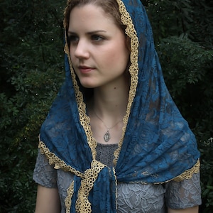 Evintage Veils~ Mystical Rose Regal Blue and Gold  Lace Mantilla Chapel Veil  Mantilla Shawl Wrap