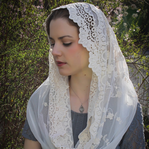 Evintage Veils~ READY TO SHIP Our Lady of Guadalupe Lovely Embroidered  Traditional Infinity Veil Mantilla Chapel Veil