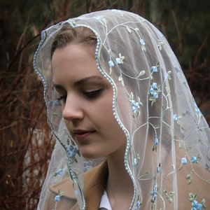 Evintage Veils~Traditional D Shape Veil ST Therese  Little Flower  Marian Blue or Blush Rose Lace Mantilla Chapel Veil Classic D Shape