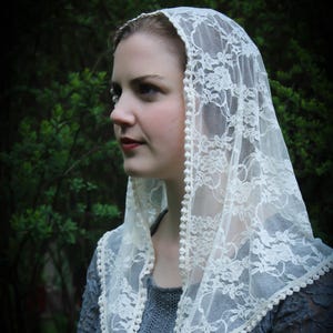 Peut inclure: Un voile en dentelle blanche orné de motifs floraux et bordé de petites perles blanches, drapé sur la tête et les épaules. La personne porte une robe en dentelle grise. L'arrière-plan est un feuillage vert flou.