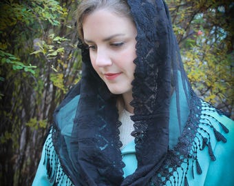 Evintage Veils: Ready to Ship "Our Lady of the Doves" Lace Infinity Mantilla Chapel Veil Embroidered