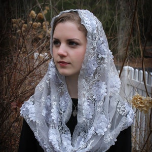 Evintage Veils~ READY TO SHIP Queen of Peace Soft  Roses Silver Gray Embroidered Lace Chapel Veil Mantilla Infinity Veil Latin Mass