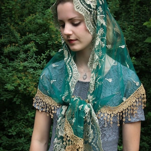 Evintage Veils~ Our Lady of Guadalupe Lovely Deep Green &Gold Embroidered  Traditional Vintage Inspired Wrap-Style Veil Mantilla Chapel Veil