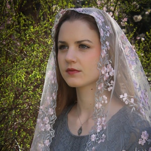 Evintage Veils~ Our Lady of the Rosary "Joyful Mysteries" Rose/Gray Vintage Inspired Lace Chapel Veil D Shape