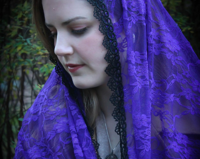 Evintage Veils~"Our Lady of the Fields" Purple Wildflowers Chapel Veil Mantilla Wrap Veil Advent Lent Veil