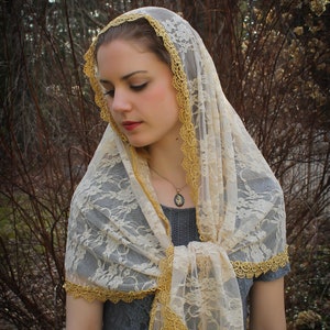 Evintage Veils~"Our Lady of the Fields"  Soft Light Beige Chapel Veil Mantilla  Floral Wrap Veil