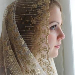 Evintage Veils~ READY TO SHIP Stella Maris Gold/Ivory  Embroidered  Traditional Vintage Inspired Infinity Shape Mantilla Chapel Veil