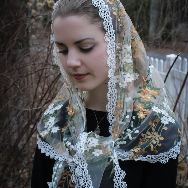 Evintage Veils~READY TO SHIP  Wildflowers Cream/ White or Gold Trim Floral  Lace Wrap Mantilla Floral Vintage Inspired Lace Chapel Veil