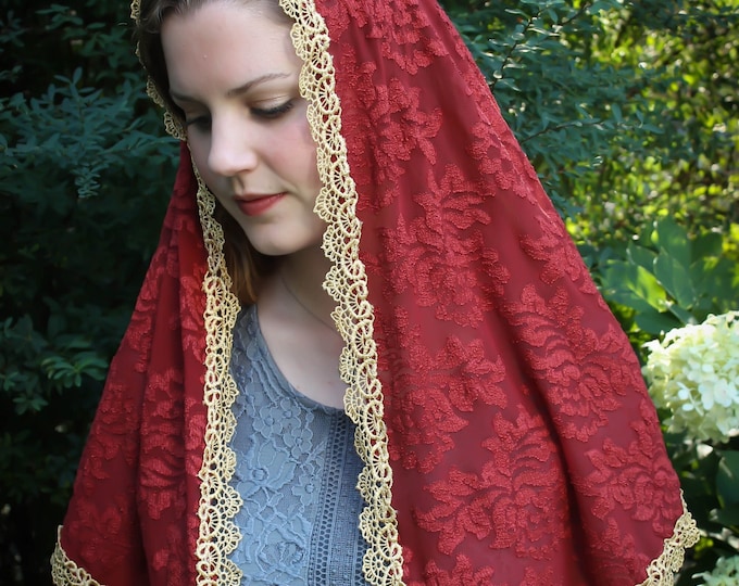 Evintage Veils~"Our Lady of the Fields" Deep Rust Chapel Veil Mantilla Floral D Shape Veil