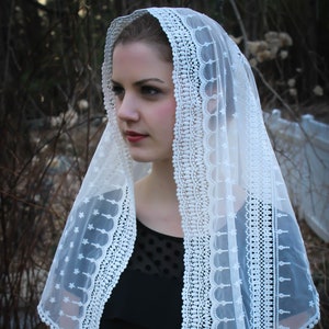 Evintage Veils~ Stella Maris White,  Ivory, or Black  Triangle Style Chapel Veil Mantilla Latin Mass