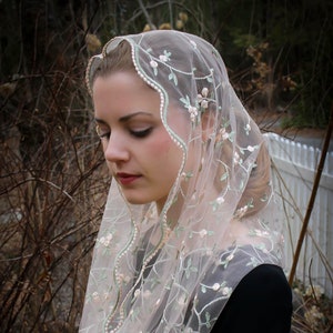 Evintage Veils~  St. Therese Little Flower Blush Pink  +  FIVE Colors Embroidered Lace Chapel Veil Mantilla Infinity Veil