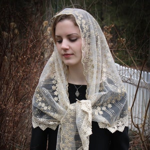 Evintage Veils~ Stella Maris  Lovely Ivory & Gold Embroidered  Traditional Vintage Inspired Wrap-Style Mantilla Chapel Veil