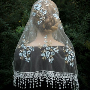 Evintage Veils~ Our Lady of the Rosary "Joyful Mysteries"   Marian Blue/Pale Gold  Lace Chapel Veil Mantilla Wrap OR Infinity Veil