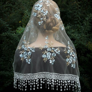 Evintage Veils~ Velo da cappella in pizzo blu/oro pallido &quot;Misteri gaudiosi&quot; della Madonna del Rosario Mantilla Wrap O Velo infinito