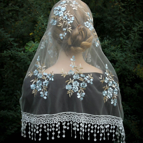 Evintage Veils~ Our Lady of the Rosary "Joyful Mysteries"   Marian Blue/Pale Gold  Lace Chapel Veil Mantilla Wrap OR Infinity Veil