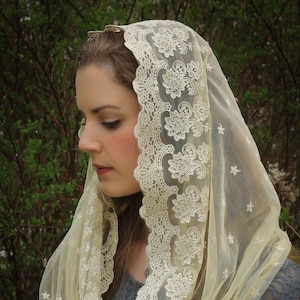 Evintage Veils~ READY TO SHIP  Infinity Veil Golden Our Lady of the Lily  Embroidered  Lace Chapel Veil Mantilla