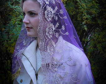 Evintage Veils~ Advent: Our Lady of Guadalupe Floral Purple & Gold Embroidered D Shaped Veil