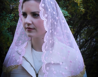 Evintage Veils~ Our Lady of the Rosary Gaudete Rose Vintage Inspired Lace Chapel Veil D Shape