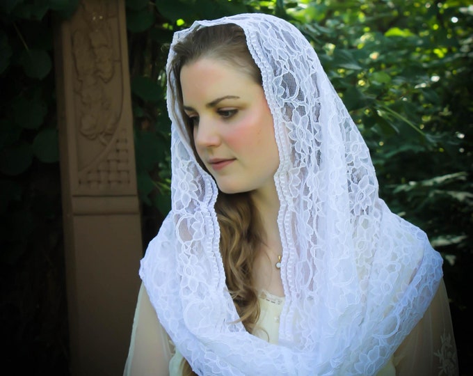 Evintage Veils~ READY TO  SHIP Pure White Regina Caeli Embroidered Lace Chapel Veil Mantilla Infinity Veil Latin Mass