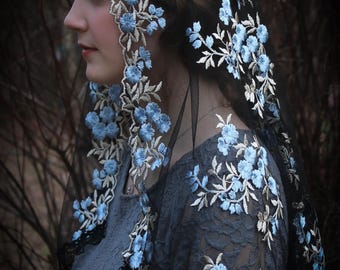 Evintage Veils~ Our Lady of the Rosary "Joyful Mysteries" Marian Blue and Gold Vintage Inspired Lace Chapel Veil D Shape