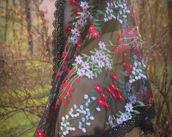 Evintage Veils~ Wildflowers Black Floral  Lace Wrap Mantilla Floral Vintage Inspired Lace Chapel Veil Scarf Mantilla-