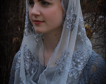 Evintage Veils~ READY TO SHIP Silver Gray Infinity Veil Embroidered  Lace Chapel Veil Mantilla