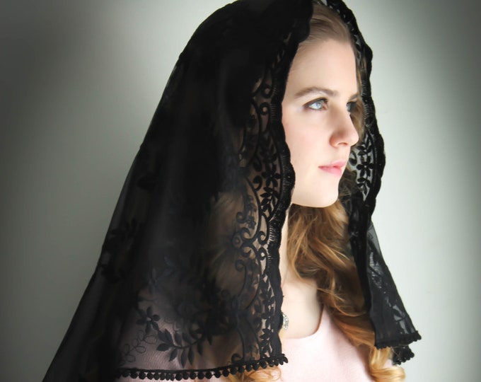 Evintage Veils~ Our Lady of Fatima Black or Ivory Embroidered Lace Chapel Veil Mantilla D Shape Latin Mass