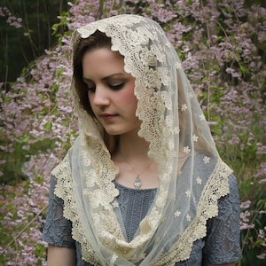 Evintage Veils~ READY TO SHIP Golden Our Lady of the Lily  Embroidered  Lace Chapel Veil Mantilla Infinity Veil
