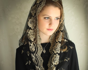Evintage Veils~ Our Lady of Guadalupe Black/Gold + MORE COLORS! Embroidered  Traditional Vintage Inspired Infinity Mantilla Chapel Veil