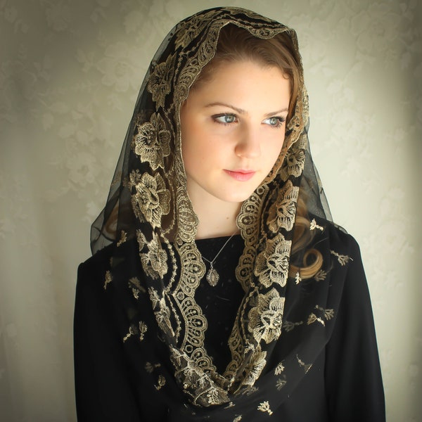 Evintage Veils~ READY TO SHIP Our Lady of Guadalupe Black/Gold  Embroidered  Traditional Vintage Inspired Infinity Mantilla Chapel Veil