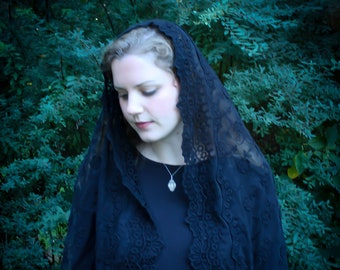 Evintage Veils~Our Lady of Guadalupe Black  or Ivory Long D Chapel Veil Mantilla Latin Mass