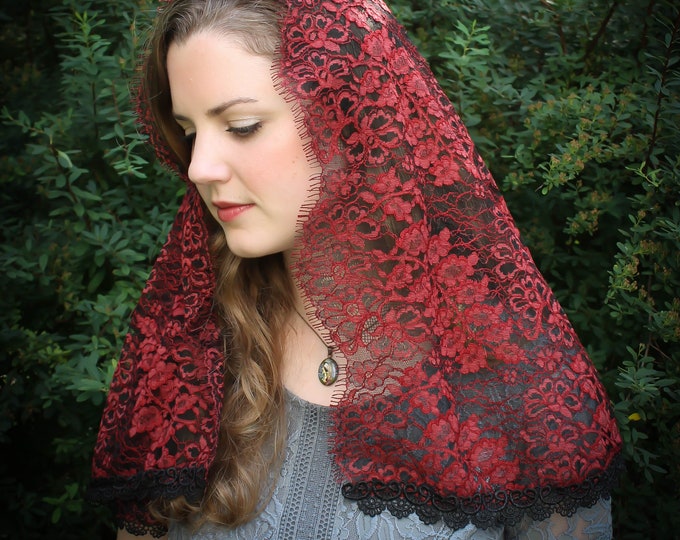 Evintage Veils~ Sacred Heart Deep Red Lace  Vintage Inspired Lace Chapel Veil Mantilla Classic D Shaped Veil