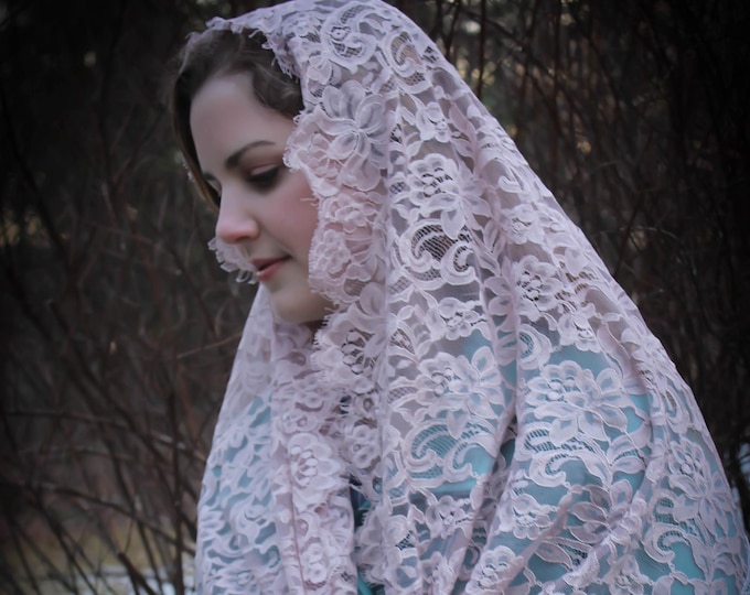 Evintage Veils~ Our Lady of the Rosary "Joyful Mysteries"  Dusty Rose  Lace Chapel Veil Mantilla Wrap
