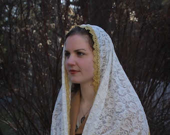 Evintage Veils~ Mystical Rose Soft Ivory and Gold  Lace Mantilla Chapel Veil  Mantilla Shawl Wrap