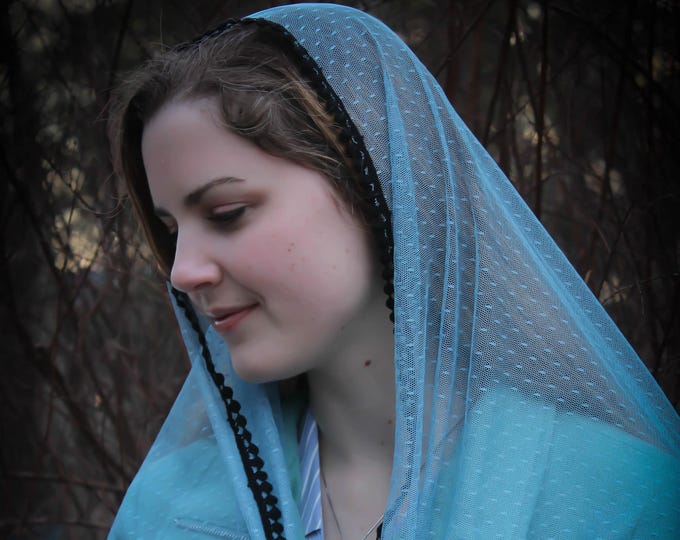 Evintage Veils~ Our Lady of the Rosary "Joyful Mysteries" Sky Blue  Vintage Inspired Lace Chapel Veil Scarf Mantilla Wrap