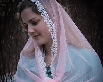Evintage Veils~ Our Lady of the Rosary "Joyful Mysteries" Rose Petal  Vintage Inspired Lace Chapel Veil Scarf Mantilla Wrap