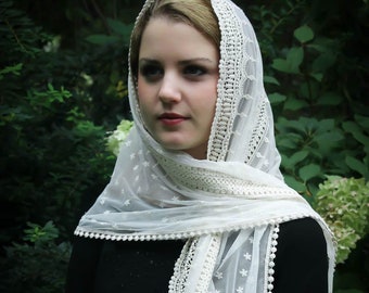 Evintage Veils~ READY TO SHIP Stella Maris Ivory or Black  Wrap-Style Chapel Veil Mantilla Latin Mass